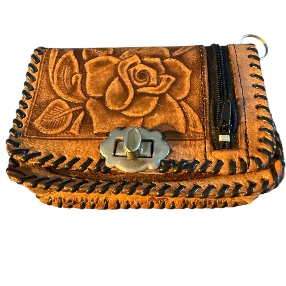 Tooled embossed leather floral brown & black wallet with a deer on the back side